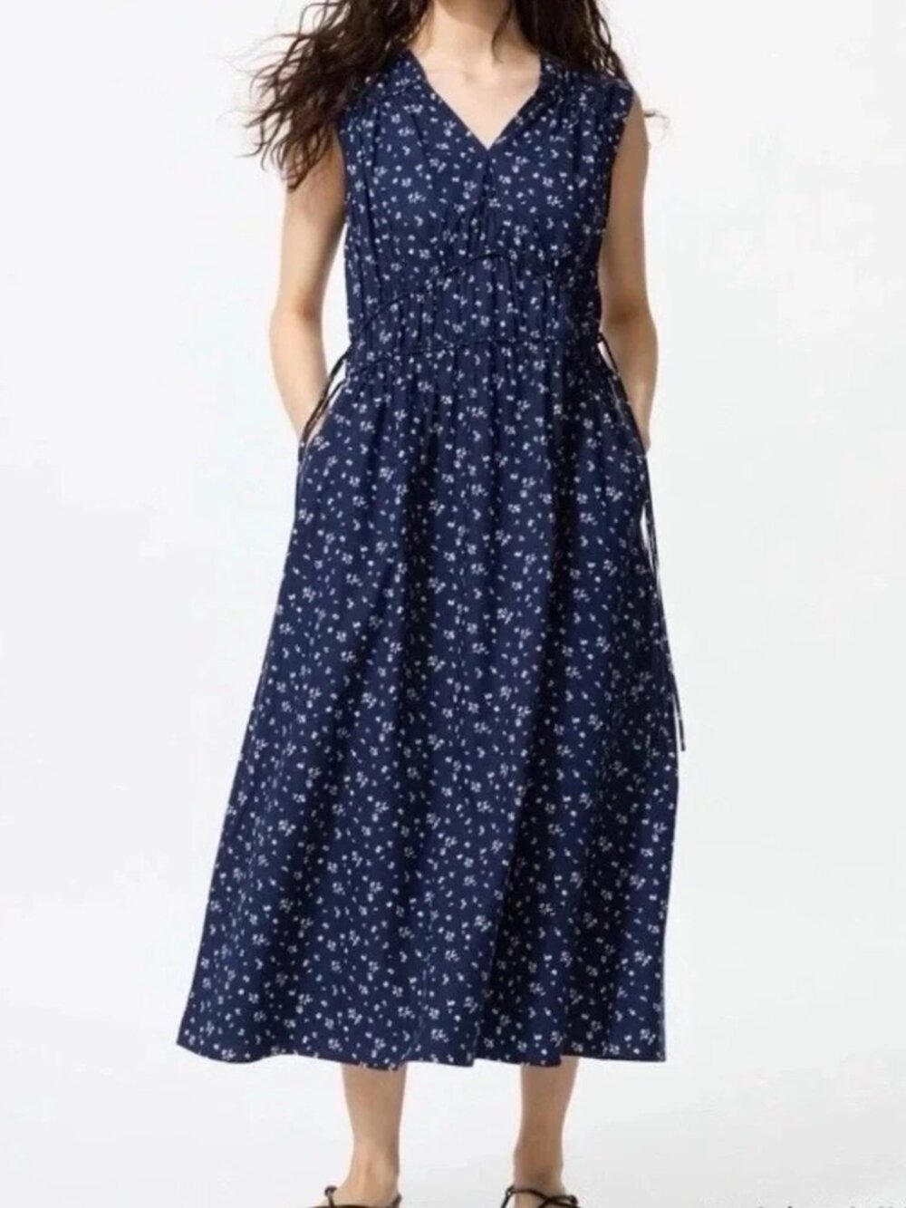 Uniqlo Cotton Gathered Dress Navy Floral Print--100% Cotton Size XS